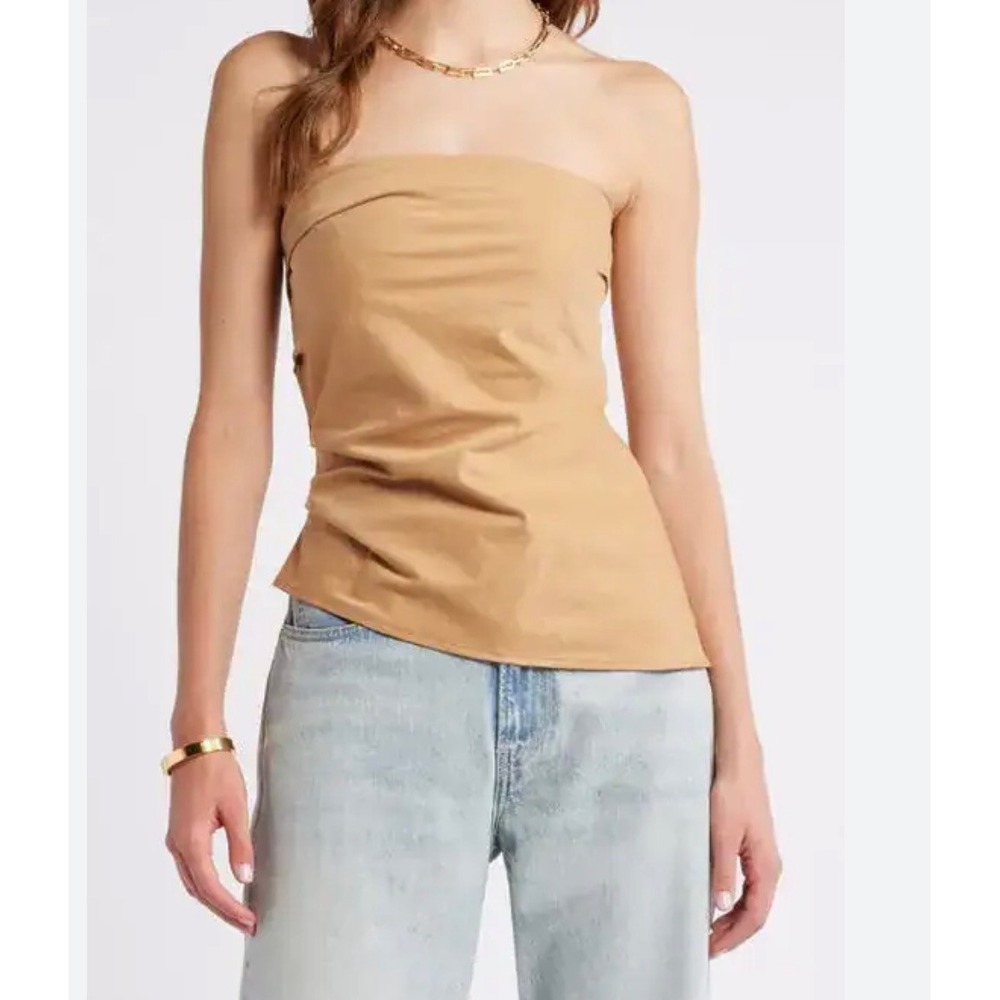 Open Edit Strapless Asymmetric Top Tan Ruched Tube Top Medium NEW